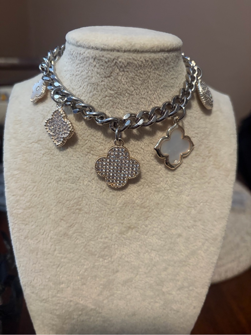 Silver Tone White Clover Charm Bracelet